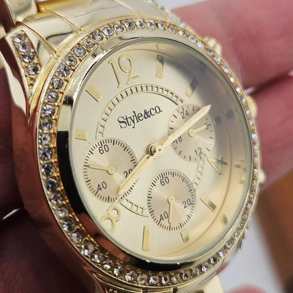 Style & Co Women's Gold Tone Multi Dial Wrist Watch Crystal Bezel Glitz Elevated